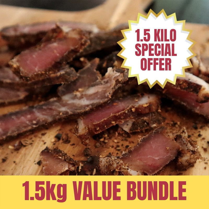 1.5kg Special Offer Biltong on a wooden board with a '1.5 Kilo Special Offer' label.
