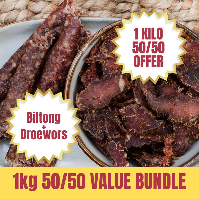 Biltong and droewors with promotional text on a woven background