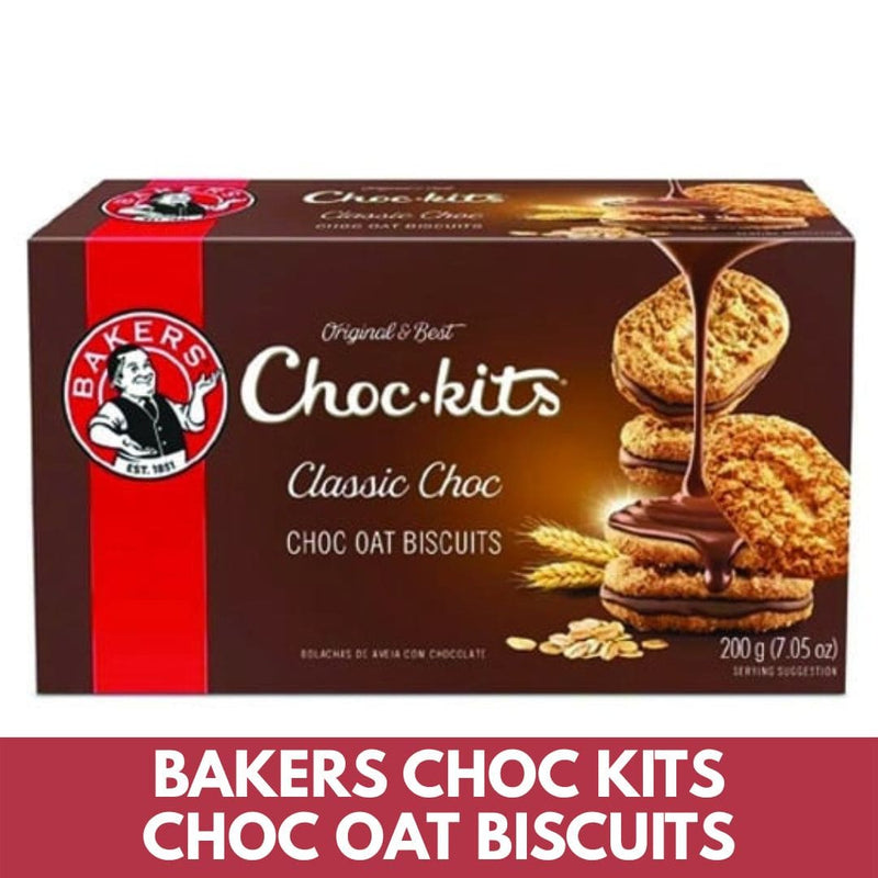 Box of Bakers Choc Kits Choc Oat Biscuits with a red and brown design.