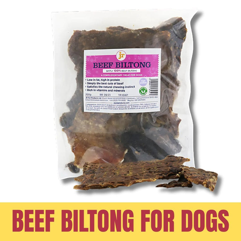 Package of beef biltong for dogs with a label on a white background.