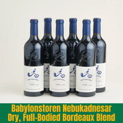 Six bottles of Babylonstoren Nebukadnesar wine with blue labels on a white background.