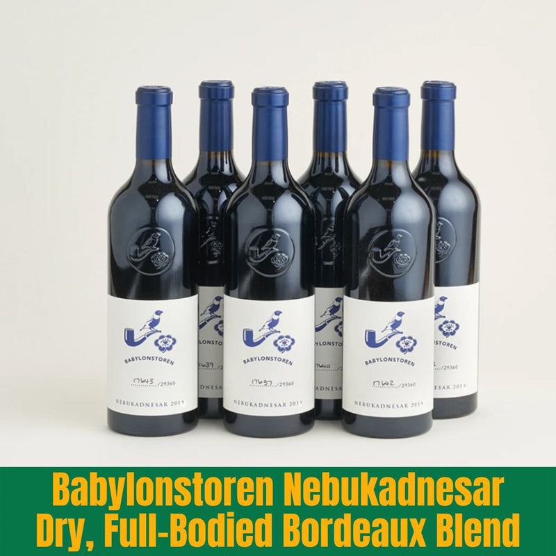 Six bottles of Babylonstoren Nebukadnesar wine with blue labels on a white background.