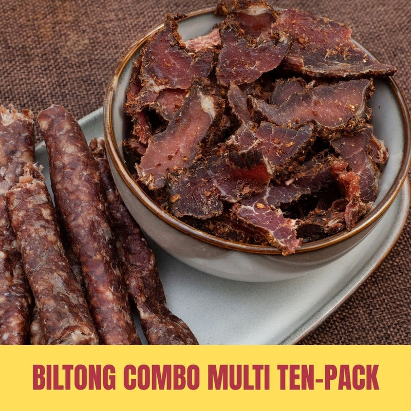 Biltong combo multi ten-pack with biltong slices and sticks on a plate.