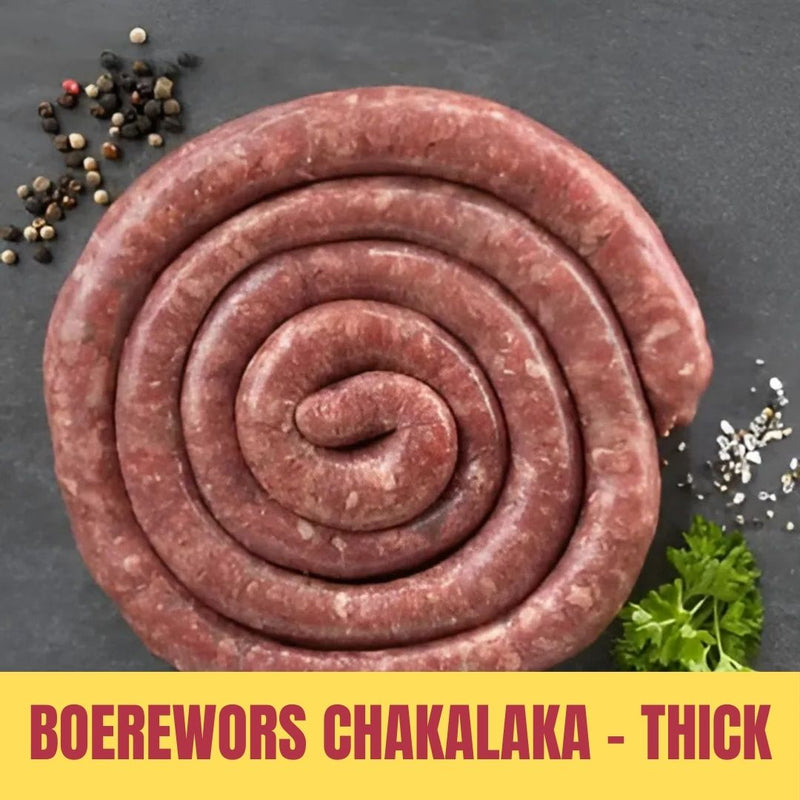 Coiled boerewors chakalaka on a dark surface with text indicating thickness.