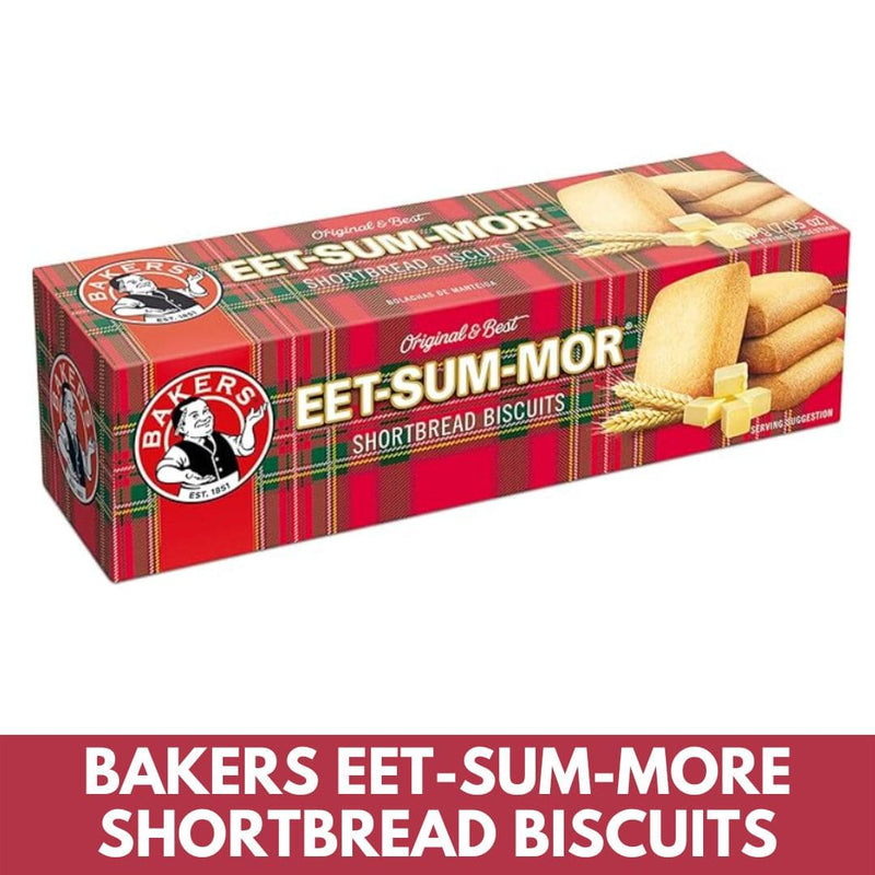 Box of Bakers Eet-Sum-Mor Shortbread Biscuits with plaid design and branding.