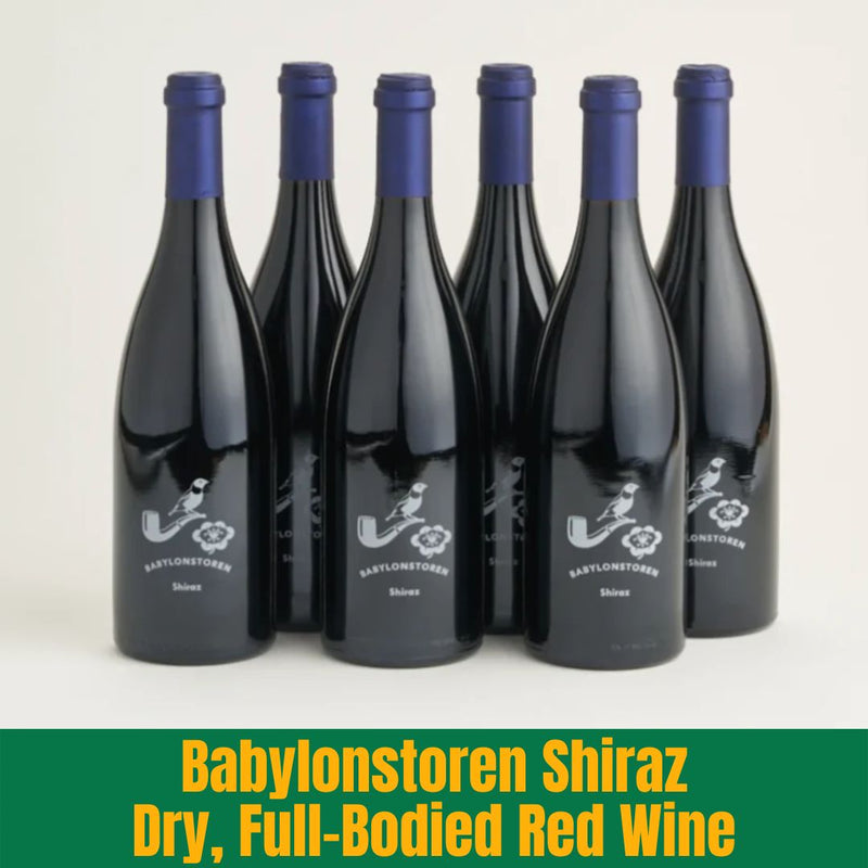 Six bottles of Babylonstoren Shiraz Dry Red Wine on a white background with text.