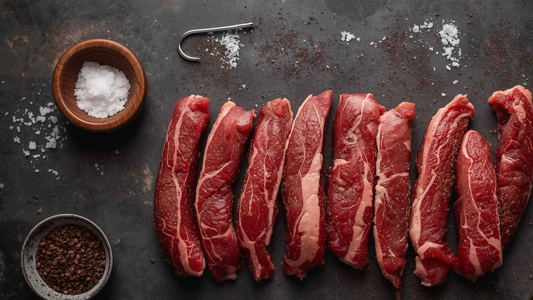 thick strips of raw silverside beef, a small bowl of coriander seeds, cracked black pepper, coarse sea salt flakes on a work surface