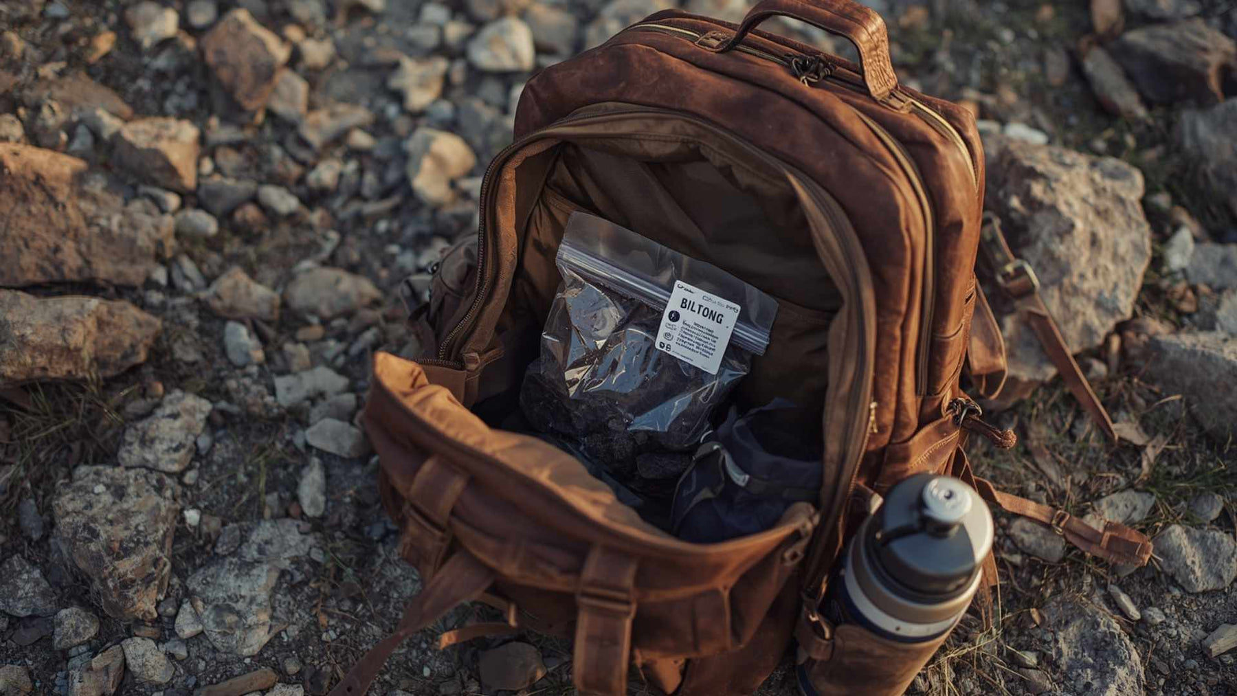 A worn leather hiking backpack open on a rocky trail with a sealed bag of dry biltong visible inside