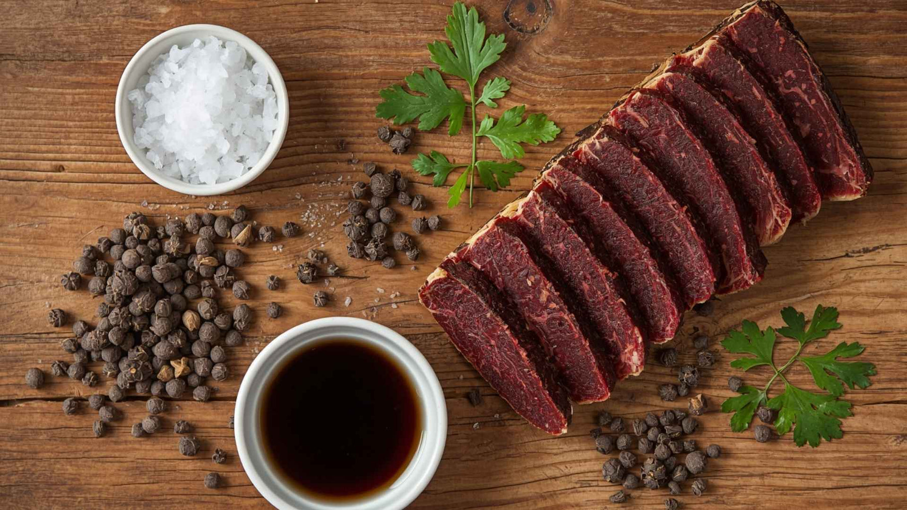 An overhead shot of spices arranged artfully around a thick slice of dark red biltong on a rustic wooden surface