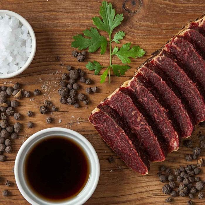 An overhead shot of spices arranged artfully around a thick slice of dark red biltong on a rustic wooden surface