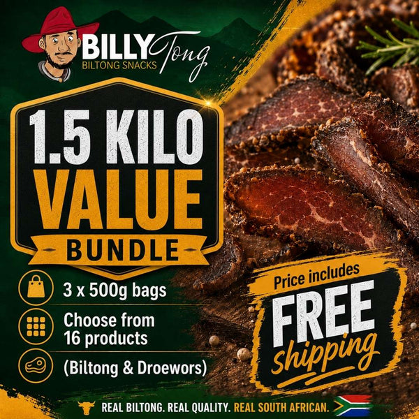 Promotional graphic for a Billy Tong Biltong Snacks 1.5 kilo value bundle, featuring a large photo of sliced biltong on the right and product details on the left including '3 x 500g bags', 'Choose from 16 products', and 'Free shipping'.