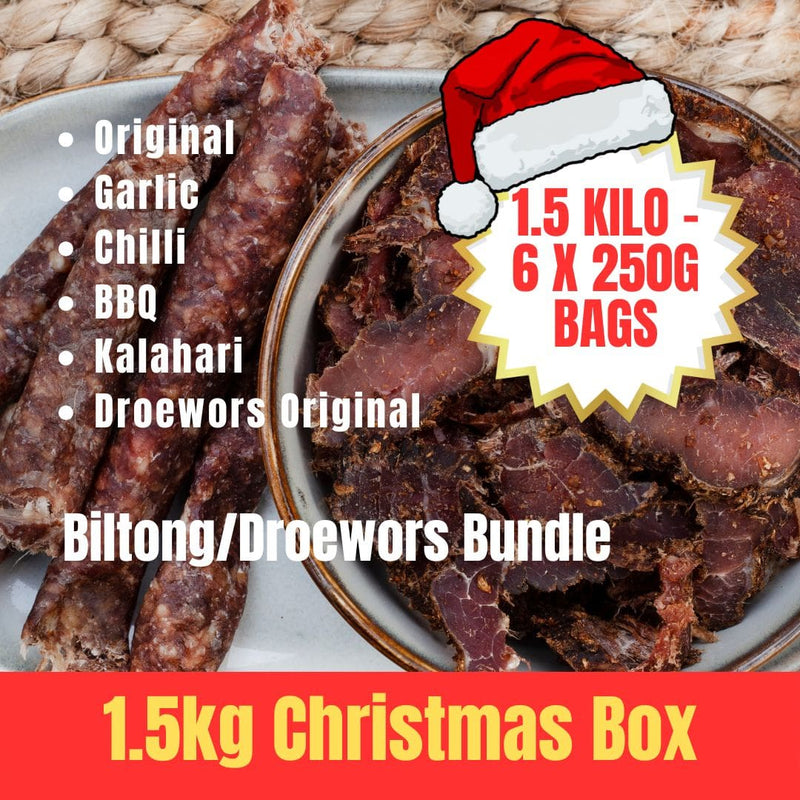 Biltong/Droewors bundle with Christmas-themed packaging on a woven surface.