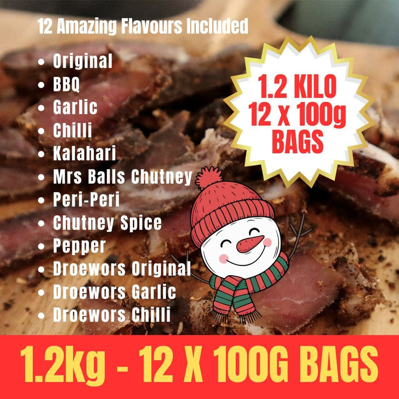 1.2 kilo of biltong in 12 x 100g bags. Christmas snowman shown with flavours