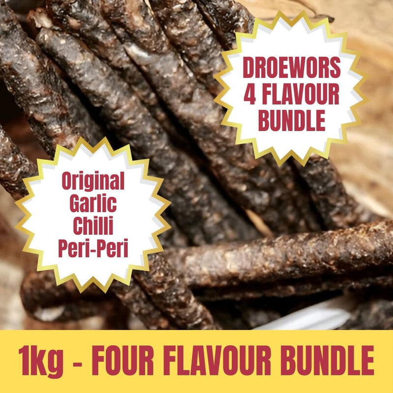 One kilo four flavouro of Droewors with flavour labels on a wooden background