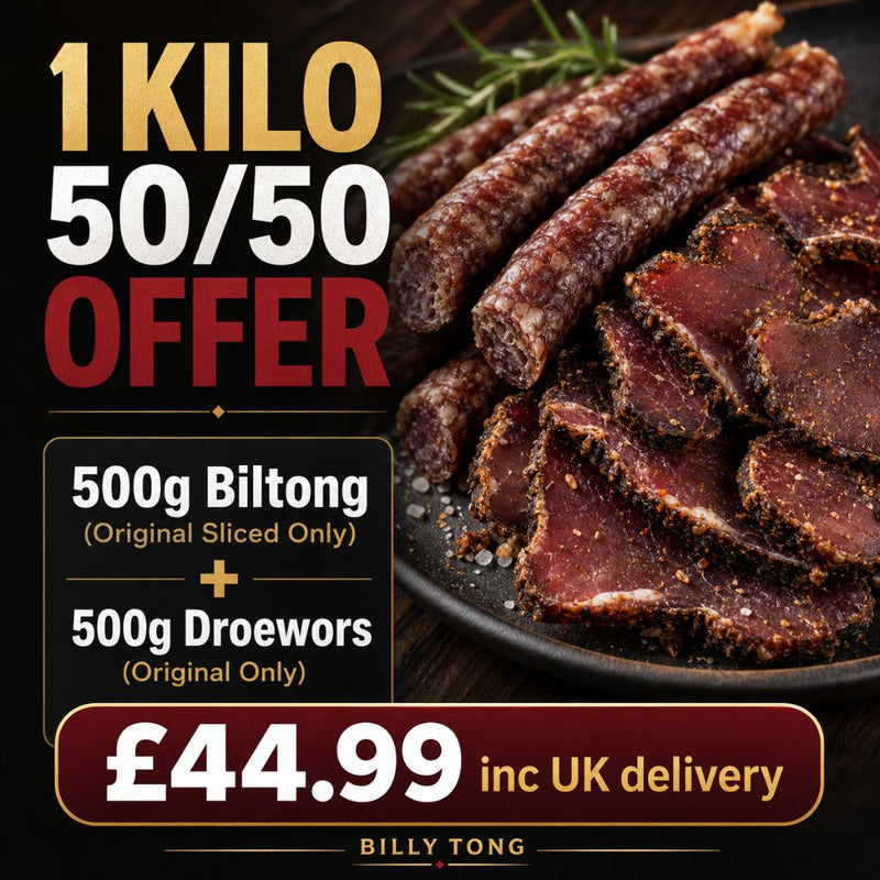 Biltong and droewors with promotional text and a price of £44.99 on a dark background.