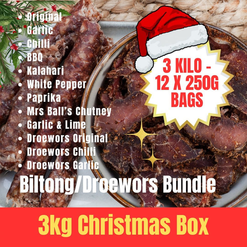 Biltong and droewors Christmas Box bundle with a Santa hat on a plate, surrounded by text detailing flavor options and packaging information.