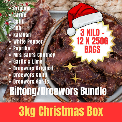 Biltong and droewors Christmas Box bundle with a Santa hat on a plate, surrounded by text detailing flavor options and packaging information.