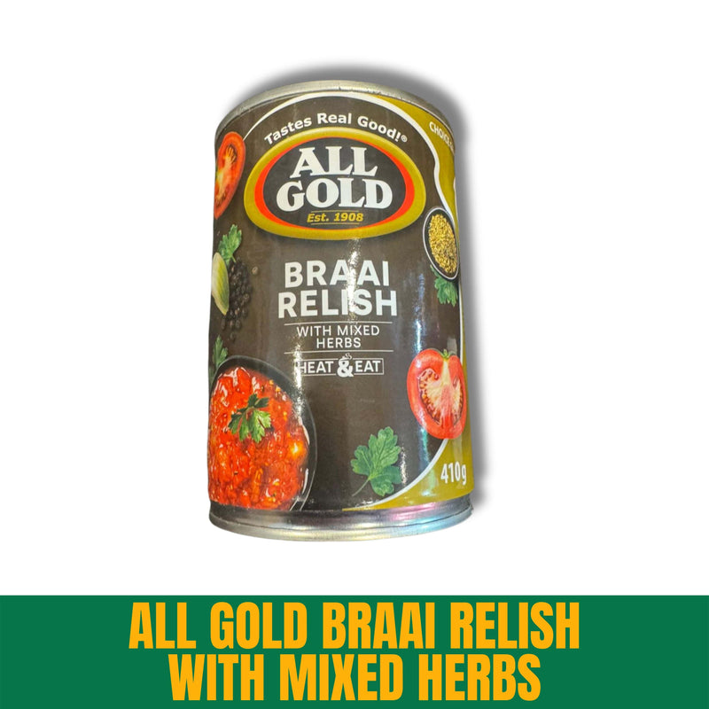 Can of All Gold Braai Relish with Mixed Herbs on a white background