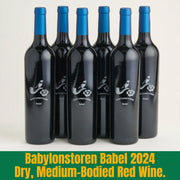 Set of six Babylonstoren Babel 2024 wine bottles with blue caps on a light gray background.