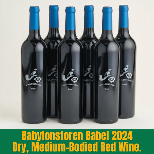 Set of six Babylonstoren Babel 2024 wine bottles with blue caps on a light gray background.