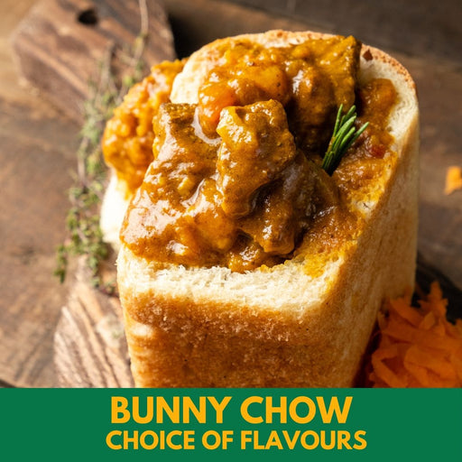 Bunny Chow with text 'Choice of Flavours' on a wooden background