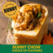 Bunny Chow with text 'South African Bunny Street Food' and 'Bunny Chow Choice of Flavours'.