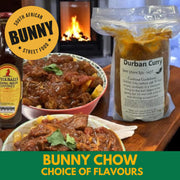 Bowl of Bunny Chow with Durban Curry and Bunny Street Food branding.