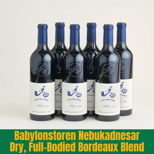 Six bottles of Babylonstoren Nebukadnesar wine with blue labels on a white background.
