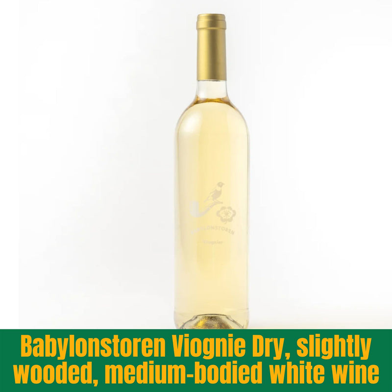 Bottle of Babylonstoren Viognie Dry white wine on a white background with text describing the wine.
