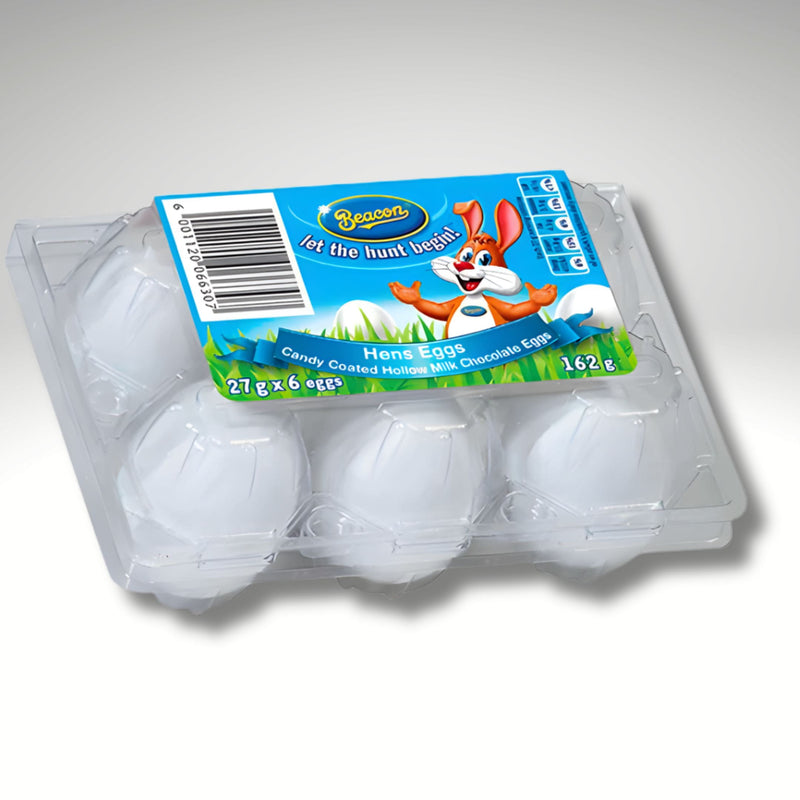 Pack of six Beacons Hens Easter eggs with a cartoon bunny character on the packaging.