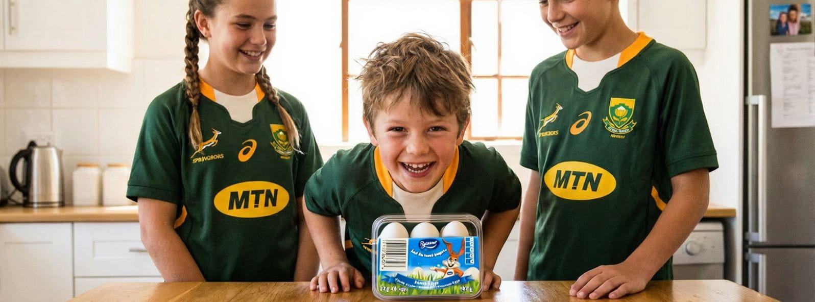 Three children in South African rugby jerseys with a pack of Beacons Hens eggs on a table.