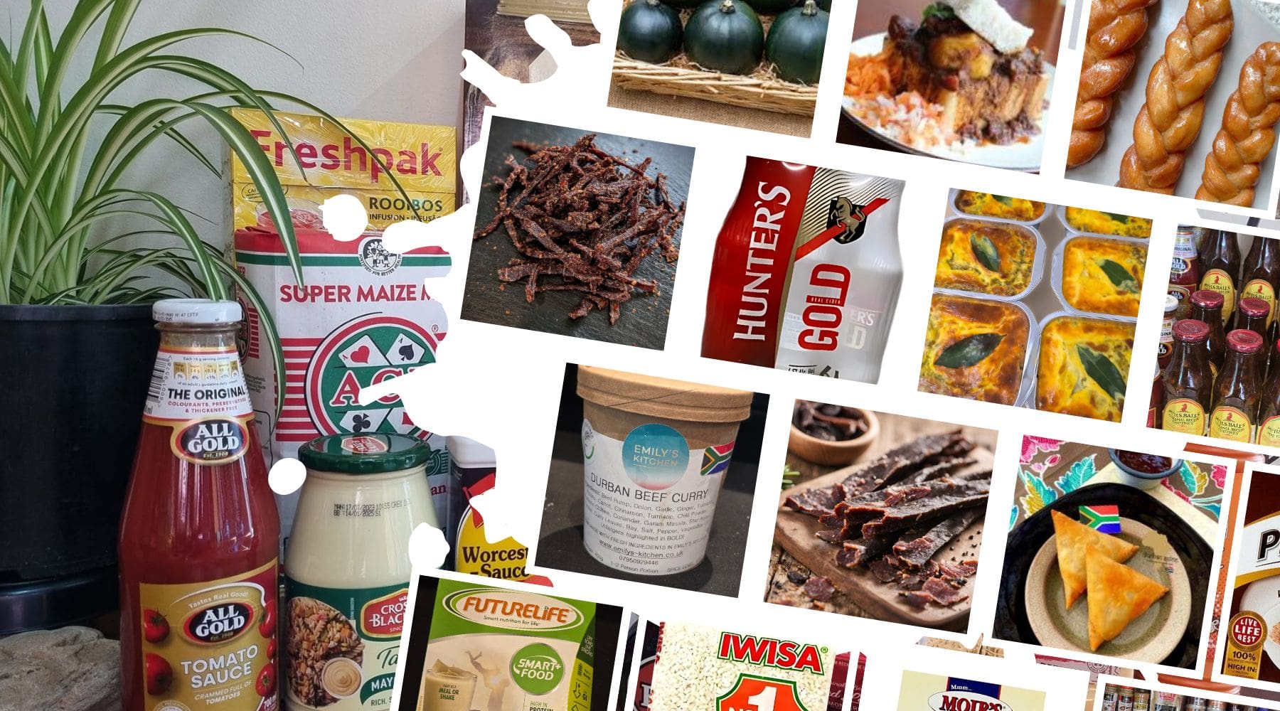 Collage of various food products including ketchup, mayonnaise, and packaged goods, all sold at Billy Tongs Store in Cobham.
