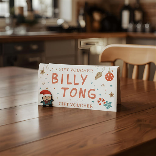 Gift voucher for Billy Tong on a wooden table with a kitchen background