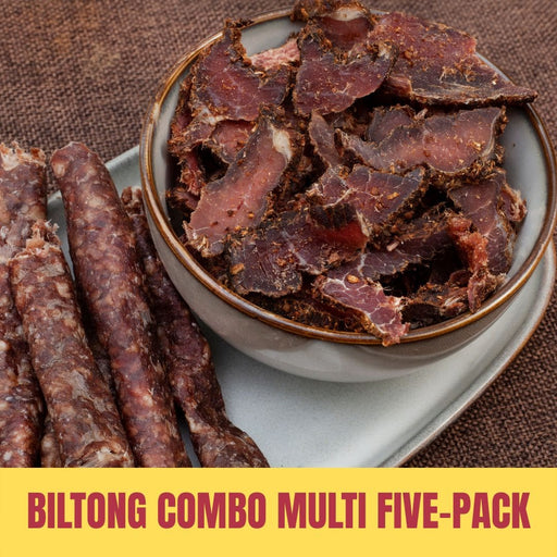Biltong combo multi five-pack with dried meat sticks and slices on a plate.