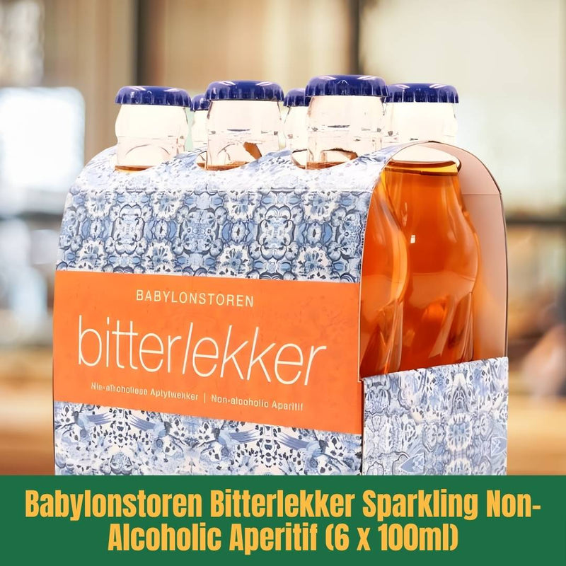 Pack of Babylonstoren Bitterlekker Sparkling Non-Alcoholic Aperitif bottles with decorative packaging.