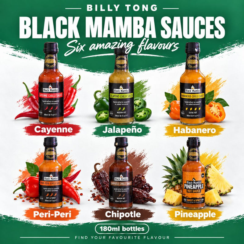 A promotional graphic for Billy Tong Black Mamba Sauces showing six different bottle flavours: Cayenne, Jalapeño, Habanero, Peri-Peri, Chipotle, and Pineapple. Each bottle is displayed with its corresponding flavour ingredients and a red label indicating '180ml bottle'.