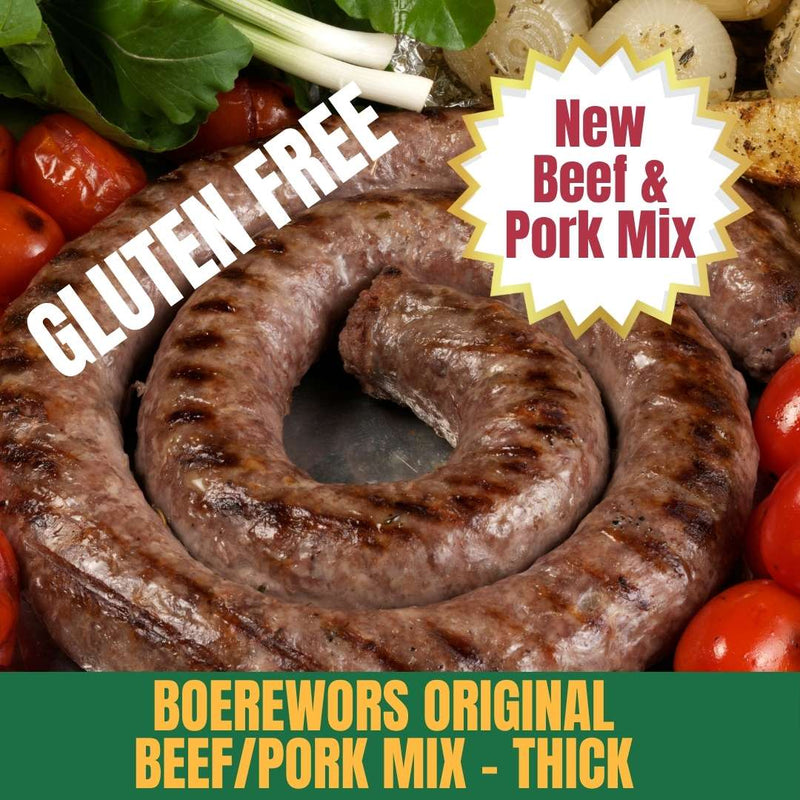 Boerewors with tomatoes, onions, and greens with text 'Gluten Free', 'New Beef & Pork Mix', and 'Boerewors Original Beef/Pork Mix - Thick'.