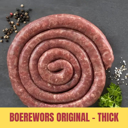 Coiled boerewors on a dark surface with text 'Boerewors Original - Thick'.