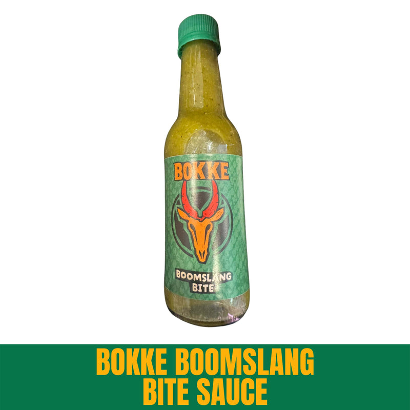 Bottle of Bokke Boomslang Bite Sauce with green cap and label on a white background
