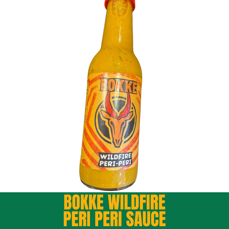 Bottle of Bokke Wildfire Peri Peri Sauce on a white background