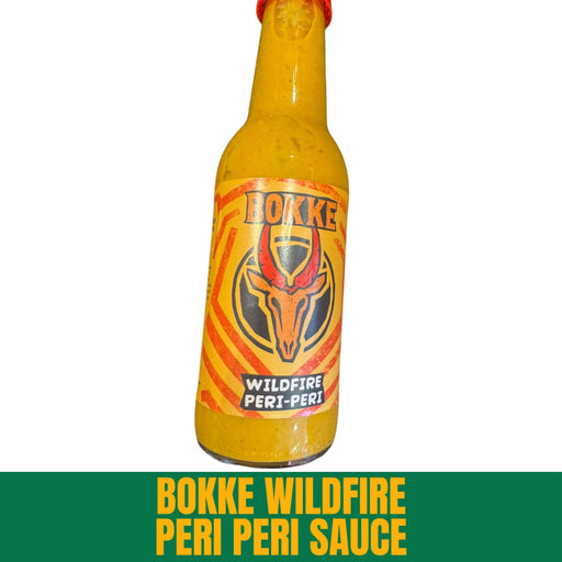 Bottle of Bokke Wildfire Peri Peri Sauce on a white background