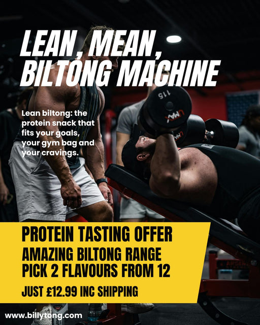 Promotional gym advertisement featuring a man lying on a weight bench eating biltong while another person stands nearby. Large white text reads 'LEAN, MEAN, BILTONG MACHINE' and a yellow banner at the bottom says 'PROTEIN TASTING OFFER' and 'AMAZING BILTONG RANGE PICK 2 FLAVOURS FROM 12 JUST £12.