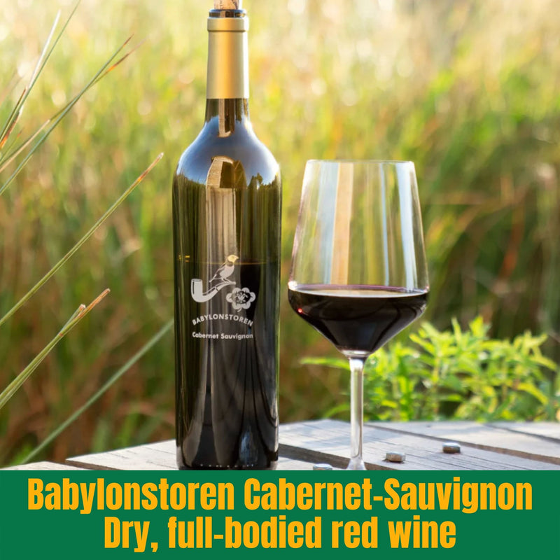 Bottle and glass of Babylonstoren Cabernet-Sauvignon red wine with grassy background