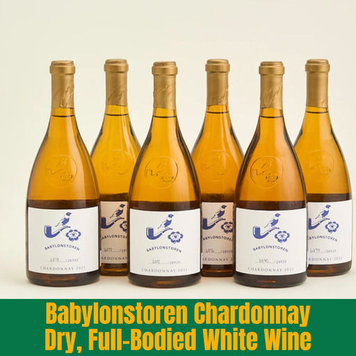 Six bottles of Babylonstoren Chardonnay white wine on a light background