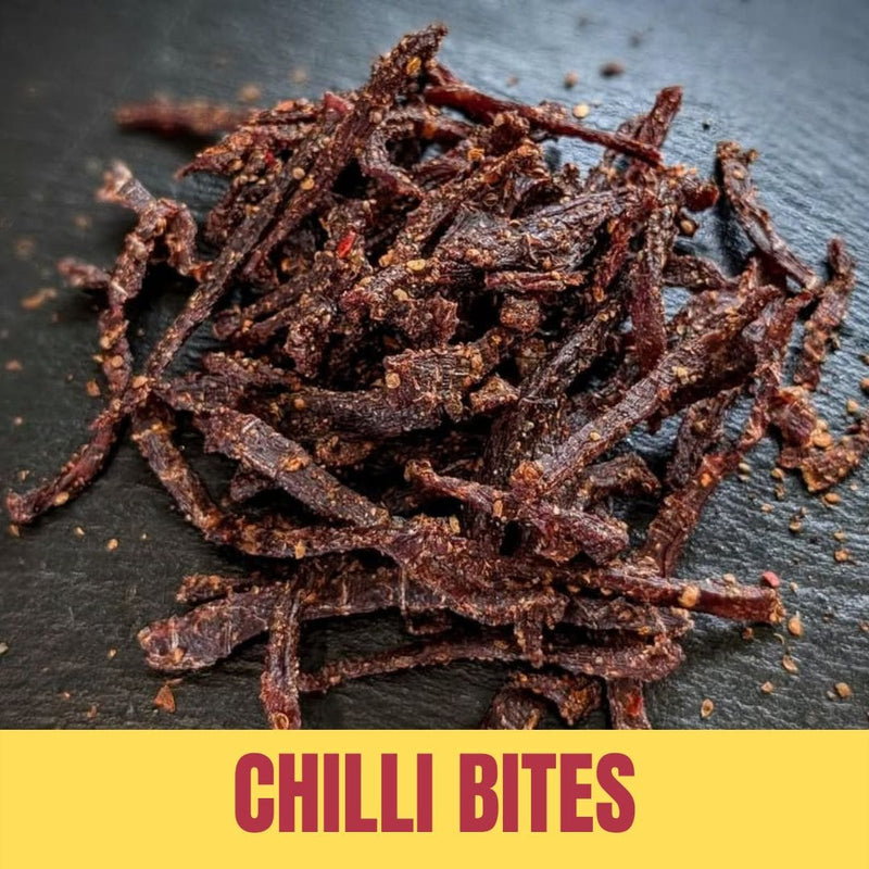 Chilli bites on a dark surface with 'Chilli Bites' text below.