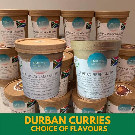A range of Durban Curries in containers