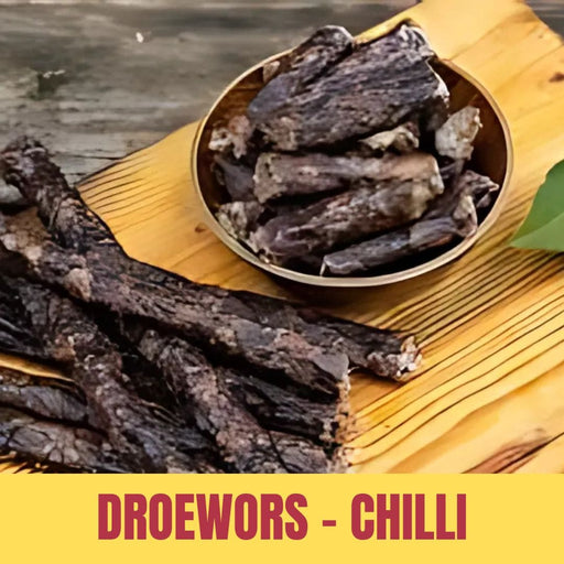Droewors on a wooden surface with 'Droewors Chilli' text.