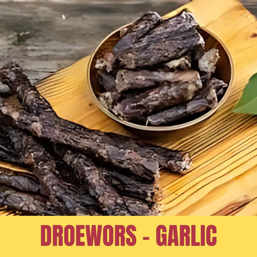 garlic Droewors in a bowl on a wooden surface with 'Droewors Garlic' text.