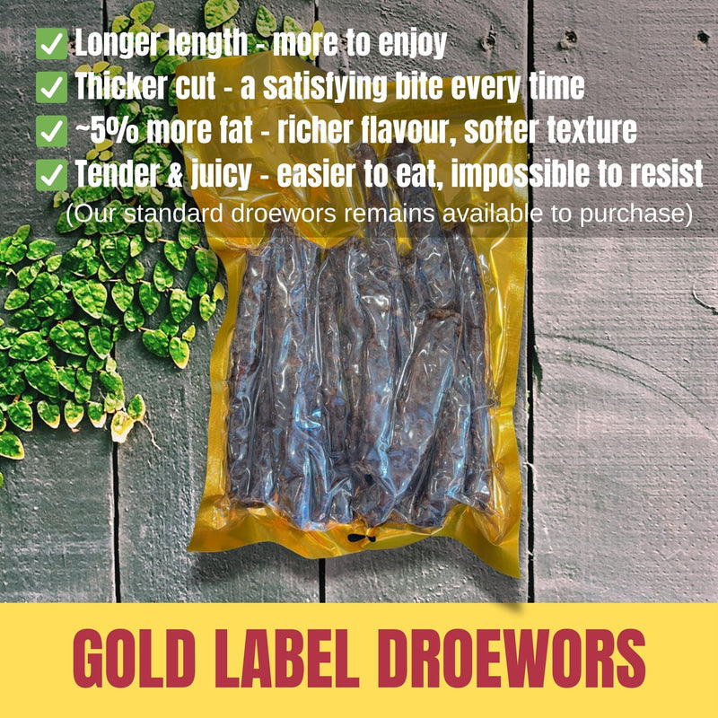 Gold label droewors, Packaged with text highlighting features on a wooden background