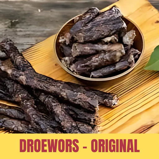 Droewors in a bowl on a wooden surface with 'Droewors - Original' text.